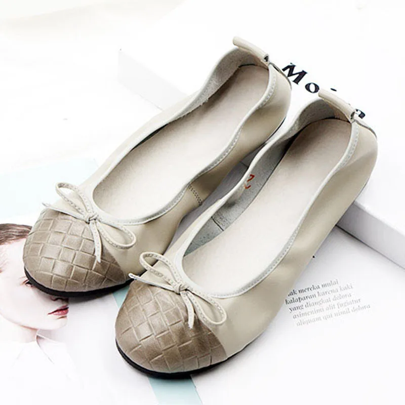 Geniune Leather Ladies Casual Slip-on Flats Fashion Patchwork Bowtie Flats For Women Soft Leisure Ballerinas Flats Plus Size 43 (12) - 