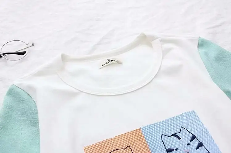 MERRY PRETTY мультфильм Кот вышивка хит цвет футболки для женщин короткий рукав хлопковые топы Harajuku летняя Милая футболка Femme