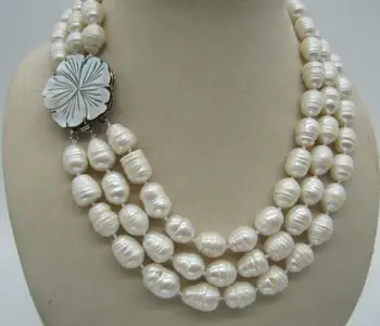 

beautiful 3ROW 10-12MM NATURAL WHITE BAROQUE PEARL NECKLACE 17-19INCH