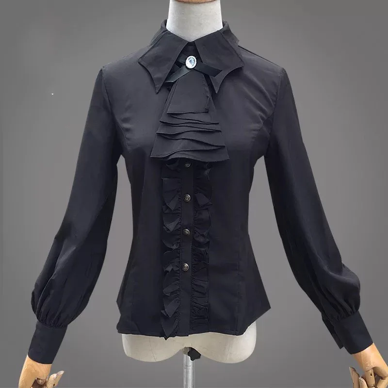 

Adult Women Autumn Victorian Vintage Noble Costume Black Jabot Ribbon Tie Frill Blouse Ruched Button Up Formal Shirt For Ladies