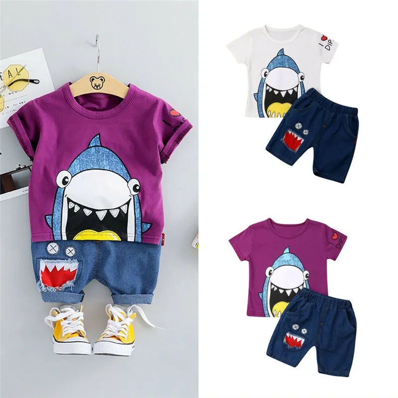 

Novelty Summer Kids Baby Boy's Clothing Sets Short-sleeved Shark T-shirts Denim Shorts 2Pcs Boy Outfits Summer Outwear 1-5Y