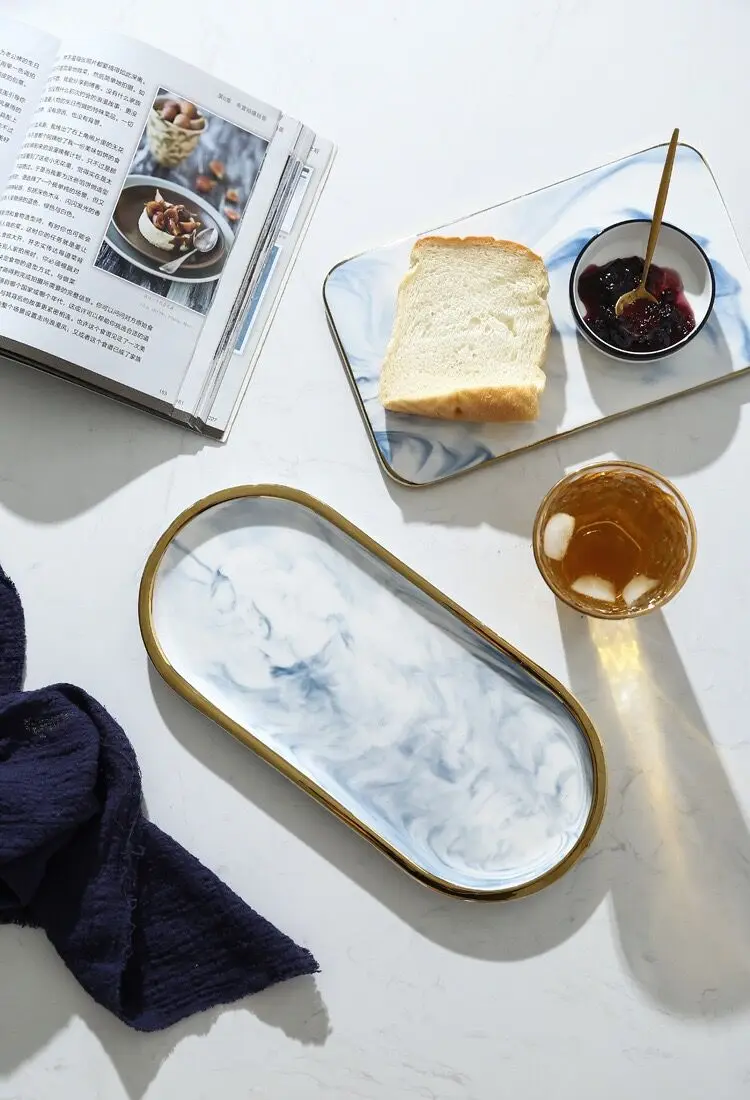 

Luxury pink blue black Marble Ceramics Storage Tray Oval Ellipse Fruit Tray Decorative Plate Jewelry Food Dessert Storage Dish