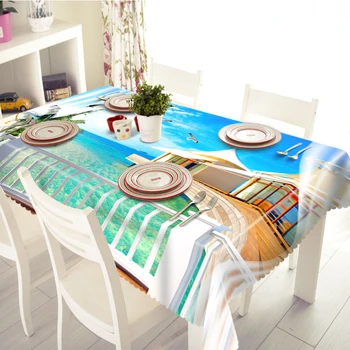 

3d Seascape Tablecloth Beach Swings Pattern Washable Dustproof Thicken Cotton Rectangular and Round Table Cloth for Wedding
