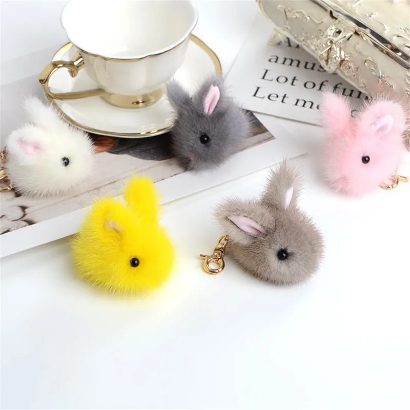 

2017 mini fur rabbits girl keychains real mink bunny keychain fur key chains bags bunnies Trinket pompon fur hare phone penda