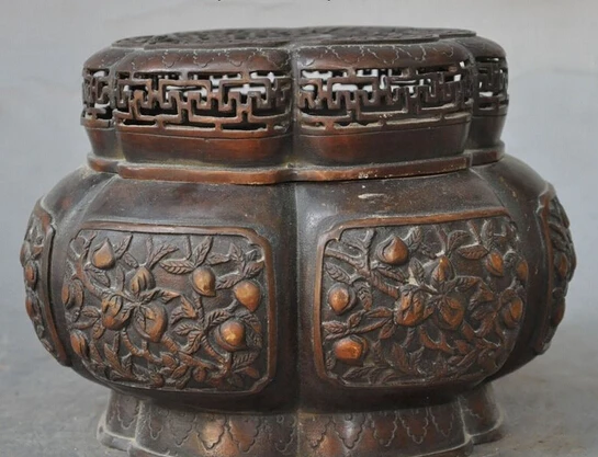 

007447 7" marked chinese pure bronze Carved Peach phoenix statue incense burner Censer