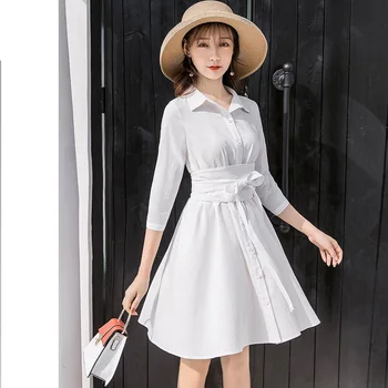 

Fashion Elegant waist sashes ball gown Dress turn down collar cultivated party Dress 3/4 sleeve long shirt plus size tunics 4XL