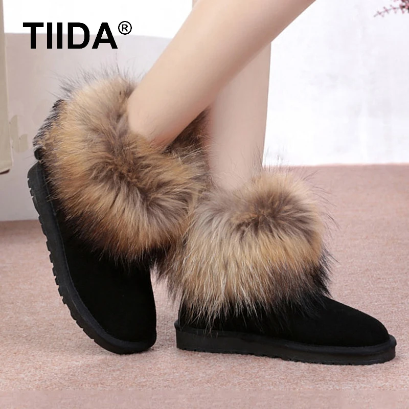  TIIDA Fashion Top Quality Raccoon fur Snow Boots Women Boots Genuine Leather Winter Warm Snow Boots Ankle Boots Free Shipping 