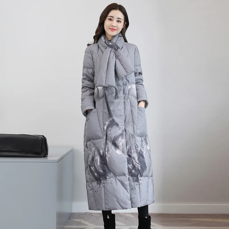Зимнее женское пальто, модное, элегантное, с чернильным рисунком, длинное, белое, на утином пуху, куртка для женщин, для офиса, узкое, простое пальто, YR138 - Цвет: Gray