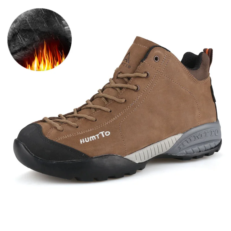 Настоящая зимняя водонепроницаемая походная обувь для мужчин из натуральной кожи, уличные кроссовки для скалолазания, дышащие спортивные теплые охотничьи горные ботинки - Цвет: Brown men villus