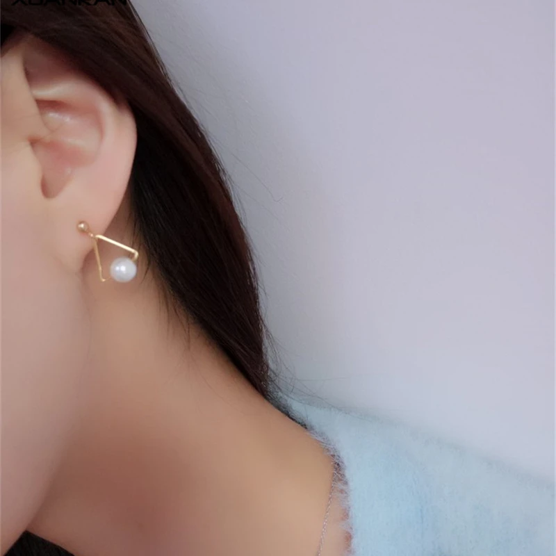 XUANRAN Cute Simulated Pearl Charm Earrings For Women Classic Triangle Shape Gold Plated Stud Handmade Jewelry R317 | Украшения и