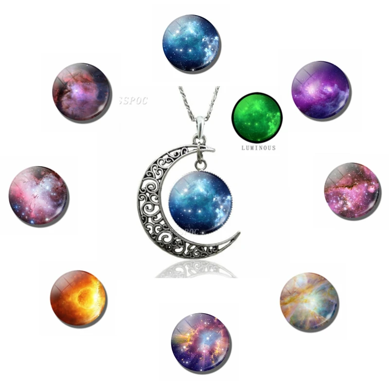 

Luminous Galaxy Crescent Moon Necklace Nebula Jewelry Glass Cabochon Silver Plated Necklace Glow In The Dark Gift for Women