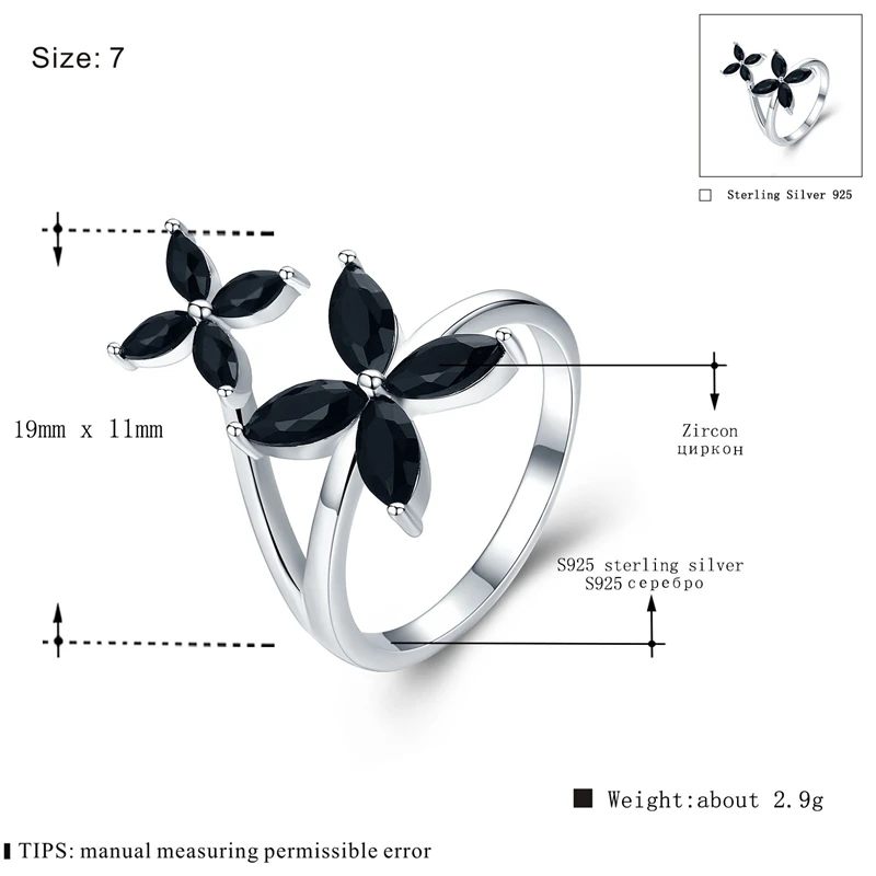Романтичный цветок 2,9 г 925 пробы Серебряное ювелирное изделие Цветок обручальное черное шпинель обручальное кольцо для женщин G032
