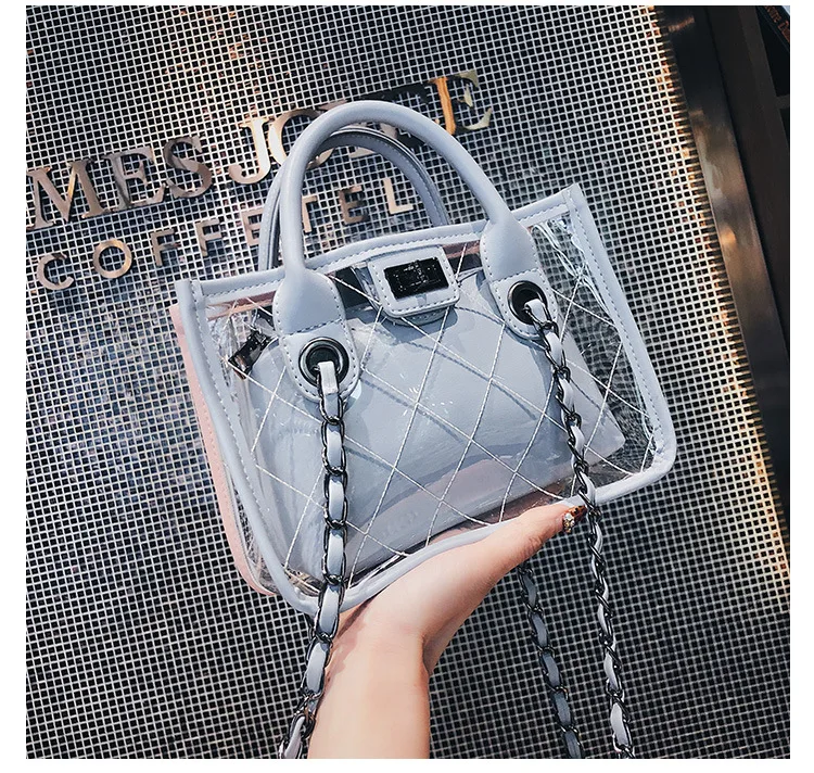 Clear PVC Quilted Tote Women Small Transparent Chain Shoulder Bag Luxury Fashion Female Crossbody PU Shopper Bag Blue Pink Green (48)