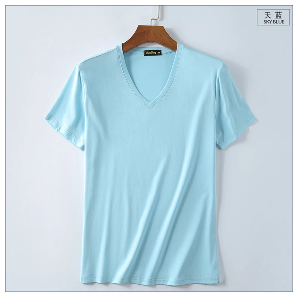 Brand T shirt Men's V-neck Slim Fit Pure Mercerized Cotton T-shirt Fashion Short Sleeve T shirt Men's Tops smart Casual Tshirt (1)