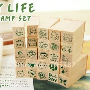 25pcs/set Happy life wooden stamp set Wooden rubber stamp box Decorative DIY zakka school supplies(ss-217)