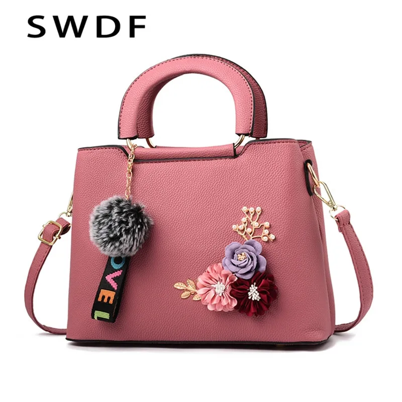 

SWDF Fashion Handbag for 2018 Luxury Hair Ball Literary Applique Fine PU Leather Ladies Handbag Winter Korean Girl Messenger Bag