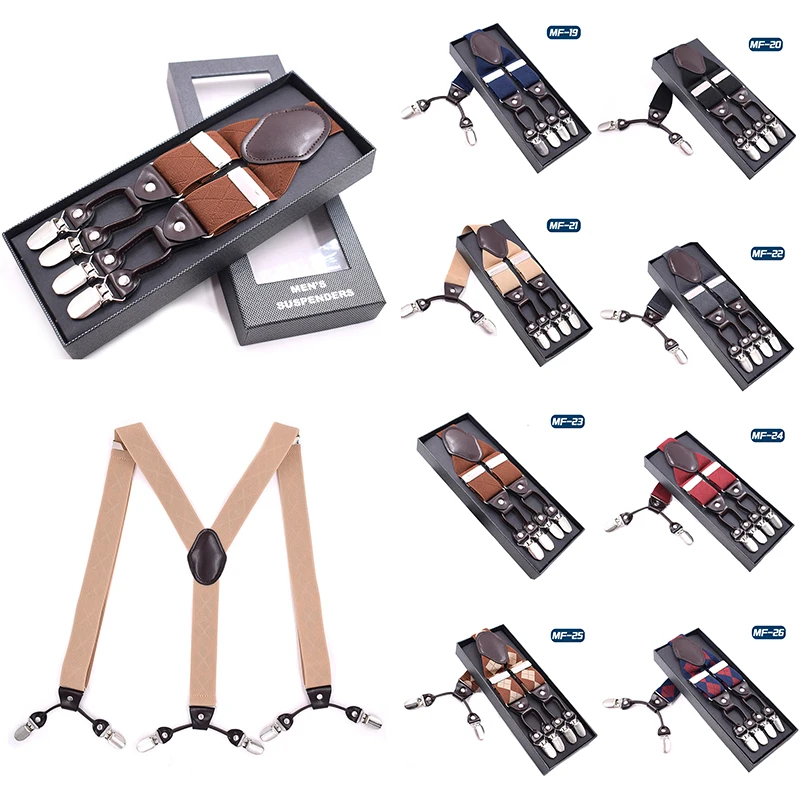 

6 Clips Fashion Mens leather suspenders Straps , Trousers Braces Elastic Y-Back Adjustable Suspenders
