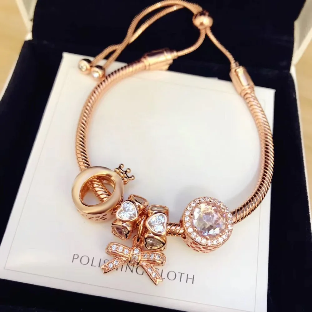 

Original 100% 925 Silver Charm High Quality Rose Gold Beads Women Charm Copy Jewelry For WomenGift 1:1 With Logo Bracelet