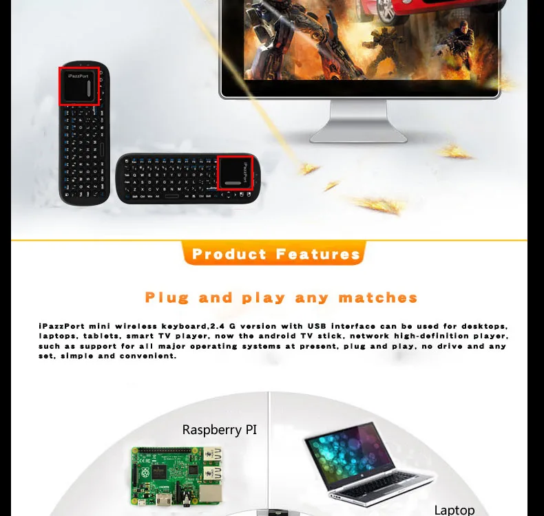 IPazzPort KP-810-19s 2,4 ГГц Мини Беспроводная клавиатура Air mouse с тачпадом для Android tv BOX/Mini PC/Raspberry Pi3/ноутбука