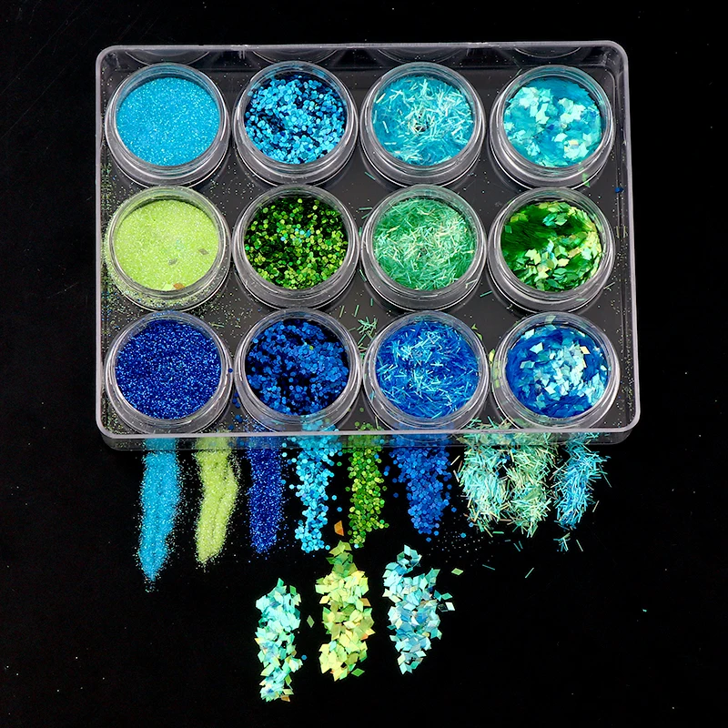 12 цветов/Набор для нейл-арта акриловый 3D смешанный дизайн морская серия блестящая форма блестки порошок Набор для самодельные Украшения для ногтей