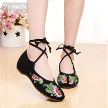 Veowalk/винтажная Женская хлопковая ткань с вышивкой; балетки на плоской подошве с кружевными ремешками; женская Повседневная Удобная парусиновая обувь с вышивкой ручной работы