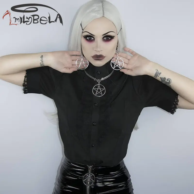

Imily Bela Black Vintage Lace Splicing Shirt Gothic Elegant Stand Collar Turtleneck Blouse Short Puff Sleeve Medieval Shirt