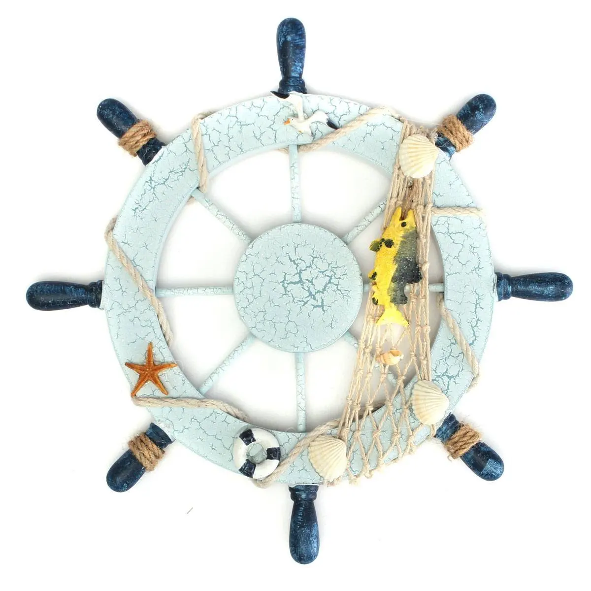 Nautical Beach Wooden Boat Ship Steering Wheel Fishing Net Shell