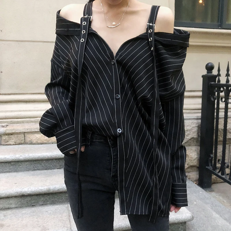 Новая мода Личность черный ремень вертикальная полоса с открытыми плечами длинный рукав рубашка женская блузка Vestido