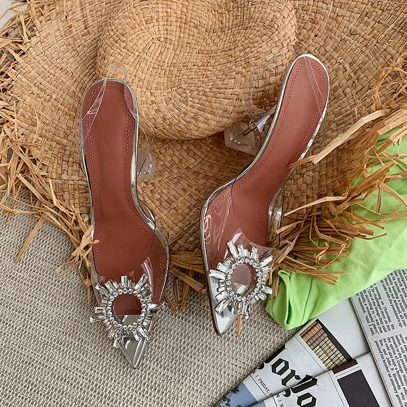 

Plus Size PVC Transparent Crystal Shoes Strange High Heel Slingbacks Formal Ladies Bling Bling Bridal Wedding Pumps