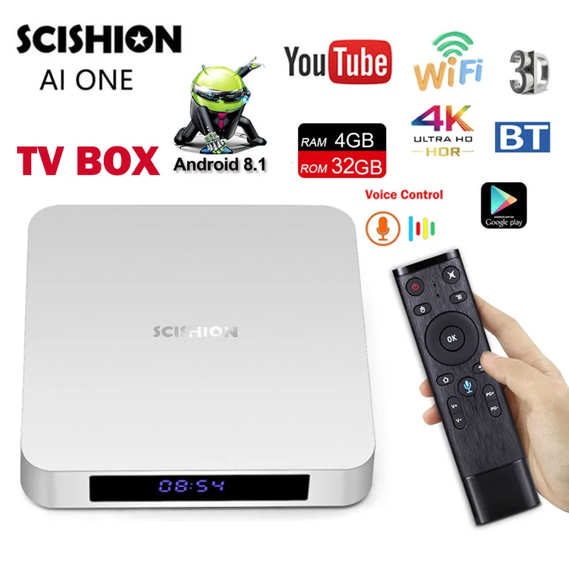 

SCISHION AI ONE android 8.1 TV Box RK3328 Quad Core with Voice Control 4GB ROM 32G RAM 2.4G WIFI BT4.0 Media Player Set-top Box