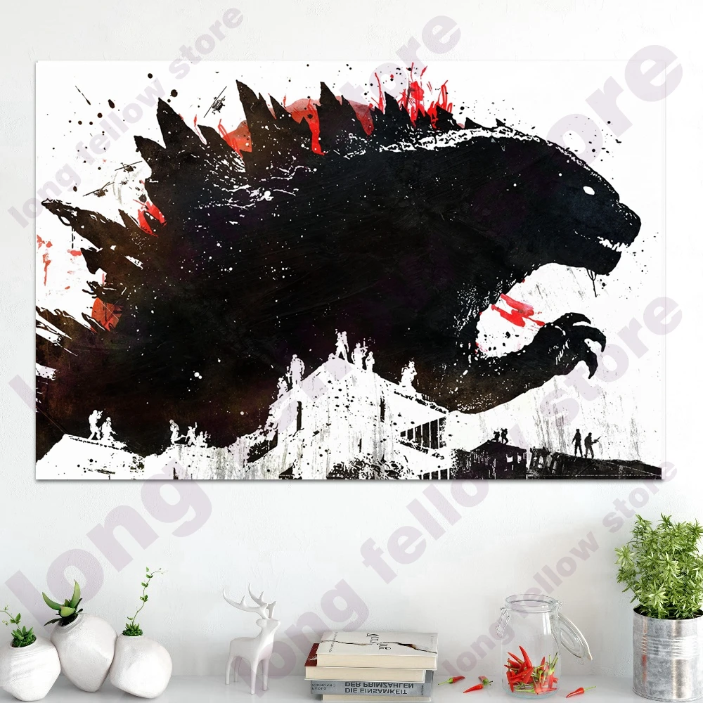 Japanese Abstract Cartoon Poster Dinosaur 5 Pieces Wall Art Canvas Print Monster Animal Painting for Game Room Lobby Wall Decor