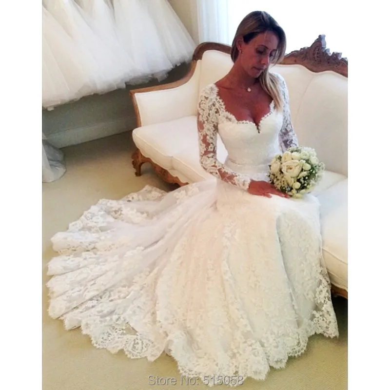 de manga larga de encaje sirena vestidos de novia 2017 blanco