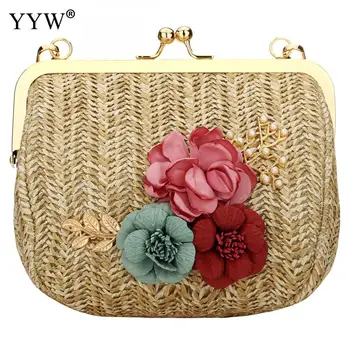 

Straw Flower Vintage Woman Woven Shoulder Bag Ladies Small Summer Flower Beach Purse Lady Fashion Travel Beach Woven Crossbody
