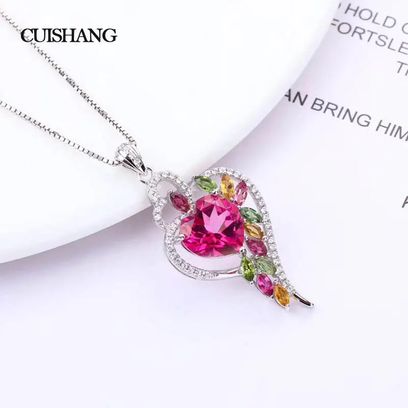 

CSJ 925 Sterling Silver Fine Jewelry Pendants Natural Tourmaline Pink Topaz Heart 10MM fine wedding Engagment for women