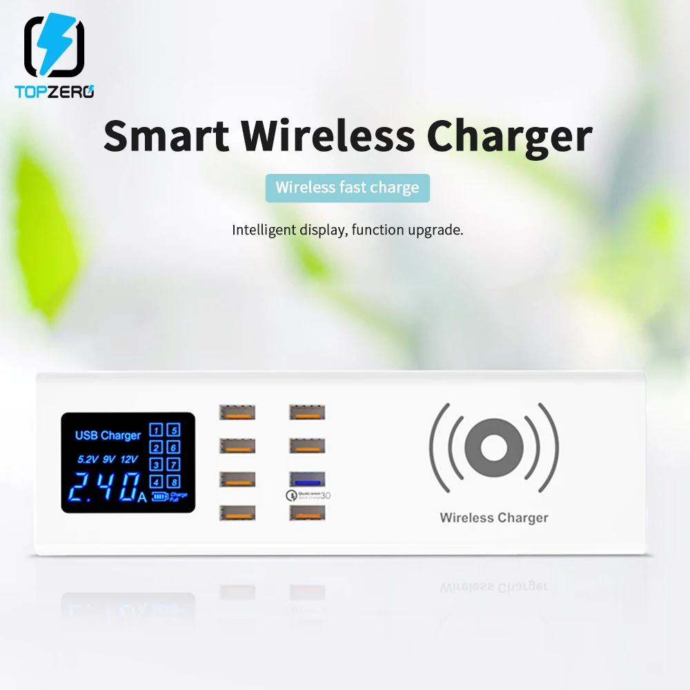 

TOPZERO 8 Ports Qi Wireless Charger Quick Charge 3.0 USB Charger Station LED Fast Charging Socket Adapter Strip EU US UK Plug