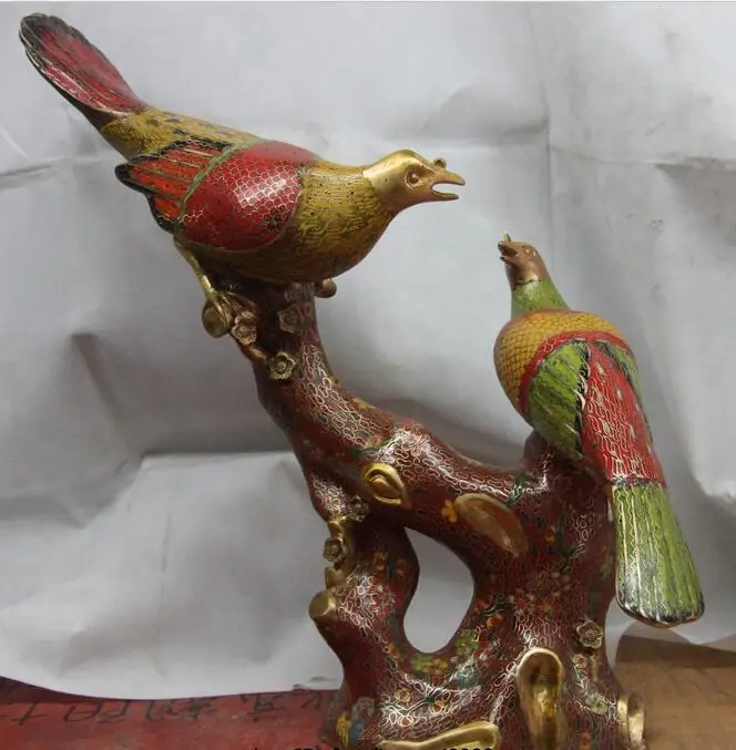 

free Royal Palace Bronze Cloisonne Lucky Magpie Birds on plum blossom Tree Art Statue fast