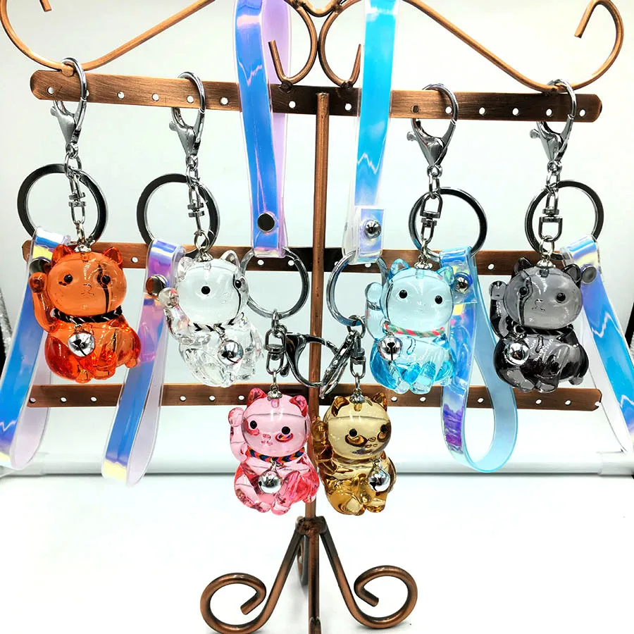 

2019 Cartoon Mini Acrylic Lucky Cat Bell Dolls Keyring Car Bags Cats Charm Crystal Keychain Couples Family Women Jewelry Gifts