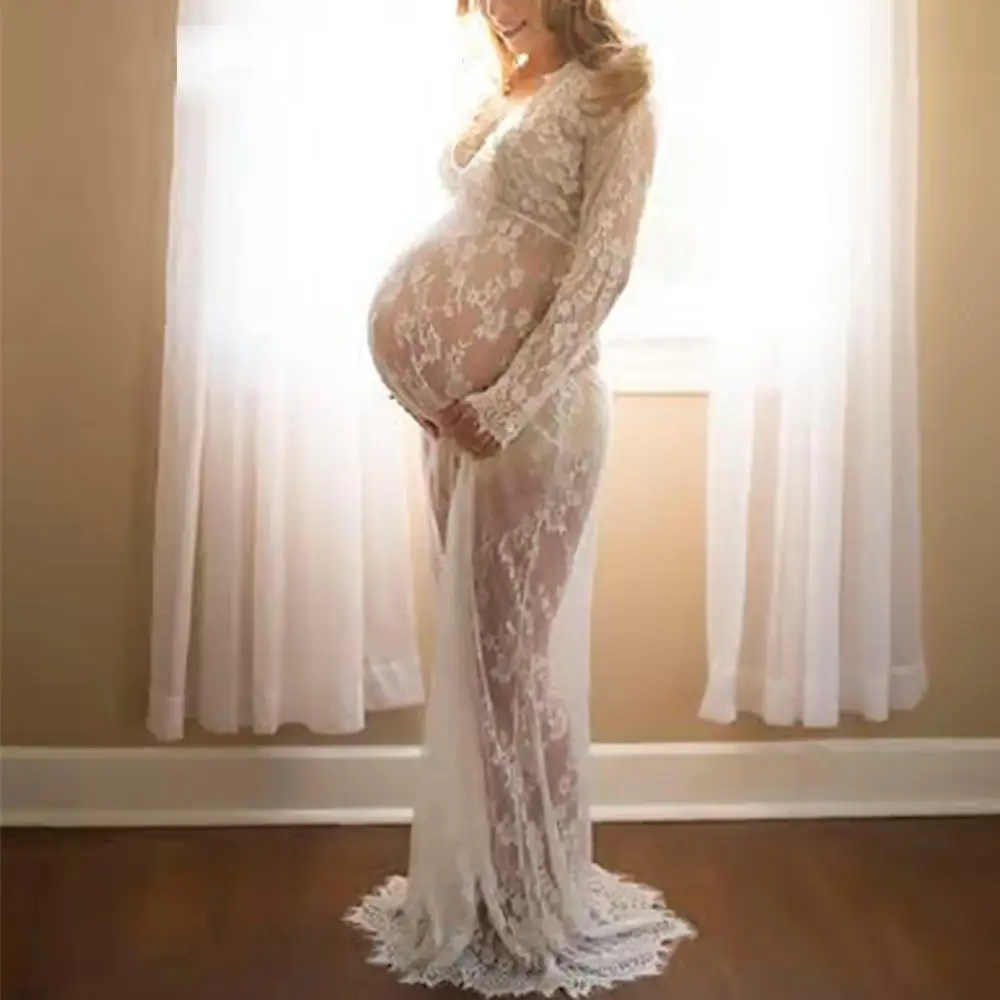 

Sexy Deep V-Neck Long-Sleeved Lace Elastic Waist Seethrough Mesh Lace Slim Long Dress Christmas Gift for Women