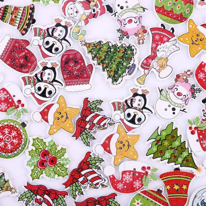 

50Pcs Christmas Cartoon Pattern Wooden Decorative Buttons For Scrapbooking Sewing Crafts Decoration