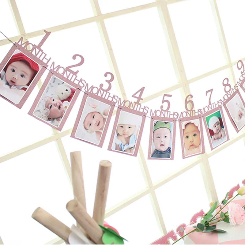 

Baby Photo Banner 12 Months Boy Girl 1st Happy Birthday Party Bunting Decoration Baby Shower One Year Old Party Decors Supplies