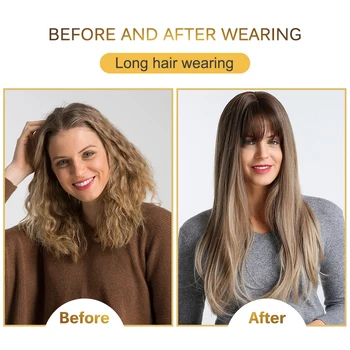 Element 22 inch Long Synthetic Wig with Bangs High Density Dark Root Natural Headline Heat Resistant Hair Wigs for Women 3 Color 6