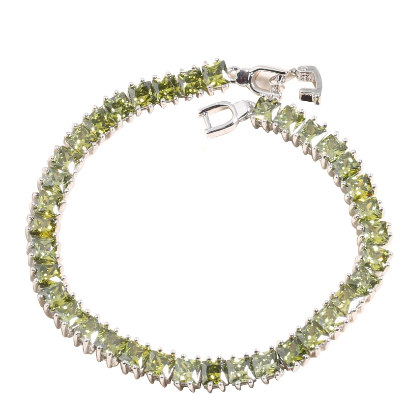 Лидер продаж, квадратный зеленый оливковый перидот, 925 пробы, серебряный, для женщин, браслет-цепочка, 6,5-7,5 дюймов, L20023