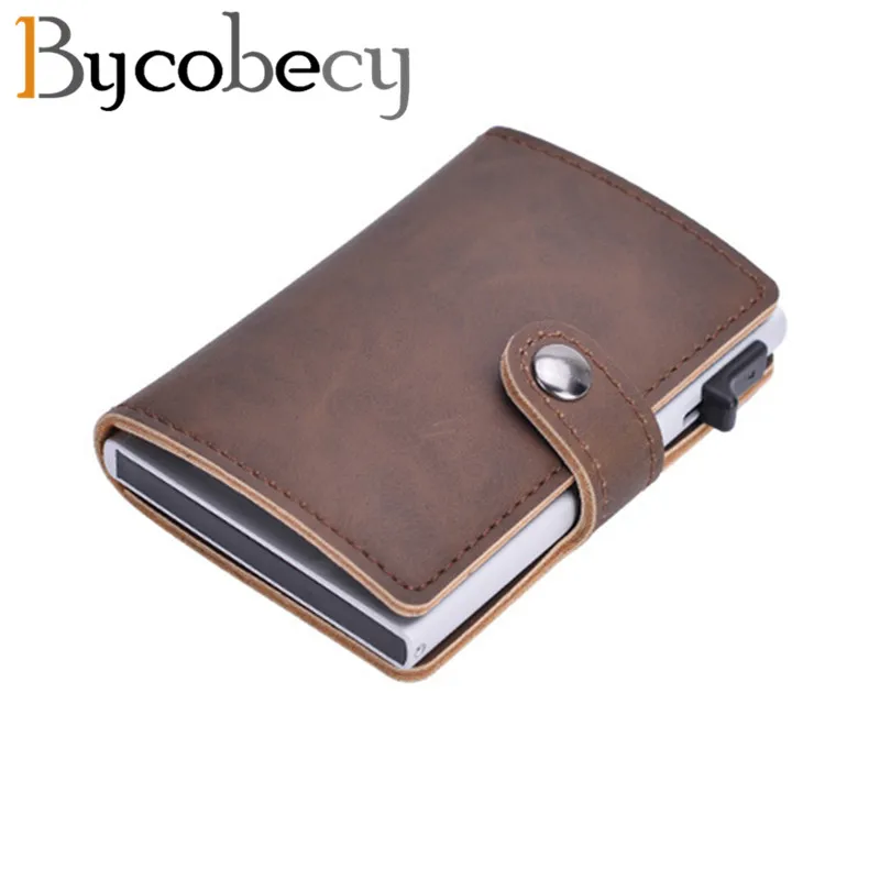 

Bycobecy New Fashion Men's Automatic Card Side Push Card Package PU Retro Metal Aluminum Shell RFID Card Package Card Holder