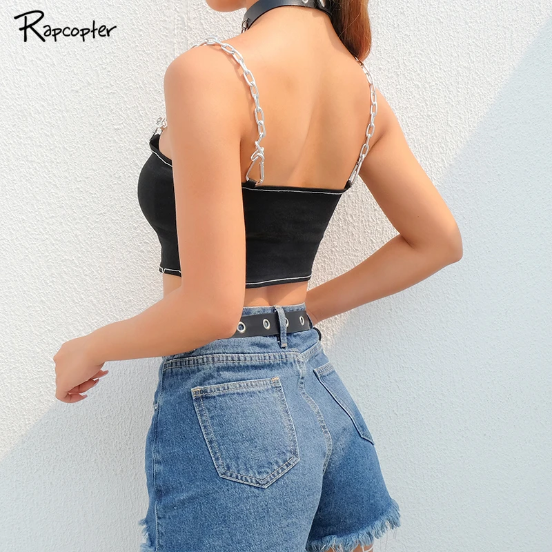 

Rapcopter Sleeveless Summer Top Women Chain Print Letter Black Casual Cropped Tops Black Sexy Camis Ladies Cotton Bralette 2019