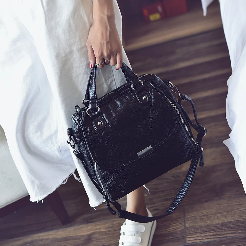 

Fashion female bags water washed soft leather handbag casual motorcycle soft women's messenger bag black w-59866