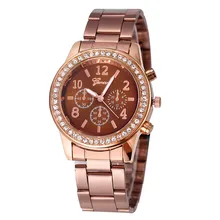 special designed Geneva Fashion Unisex Casual Faux Chronograph Quartz Classic Round Ladies Women Crystals Watch Rose Brown