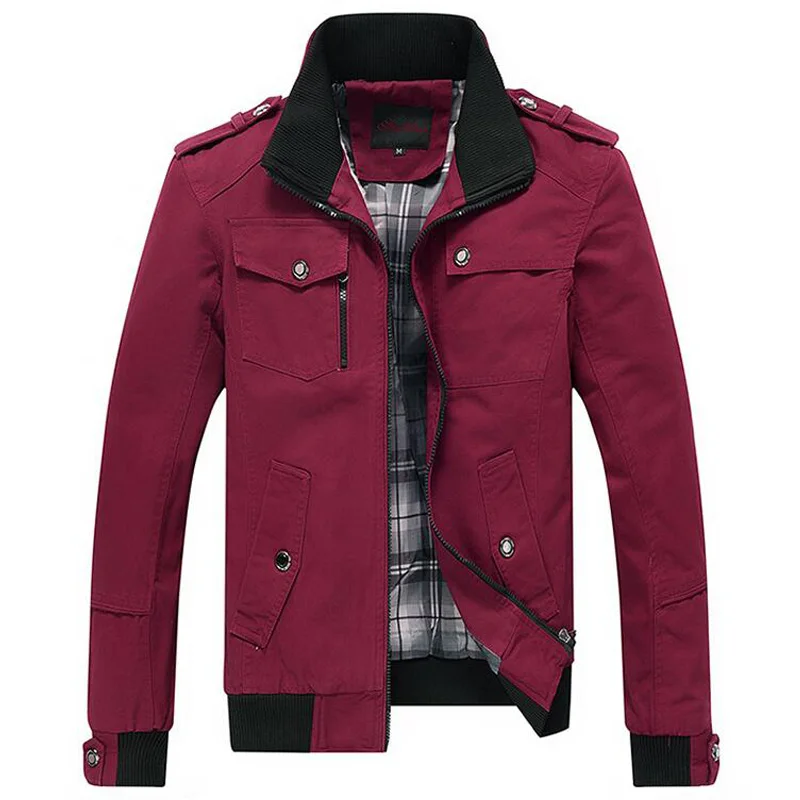 Мужская куртка со стоячим воротником, военные куртки, мужская повседневная верхняя одежда, потертые пальто, Мужская Весенняя Осенняя зимняя уличная одежда с карманом, куртки - Цвет: Красный