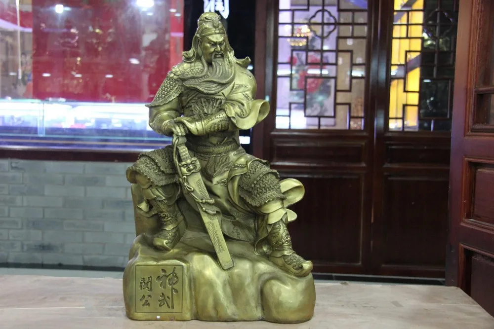 

free 20" Classical Brass Copper Famous Hold Sword Guan Gong Warrior God GuanYu Statue fast