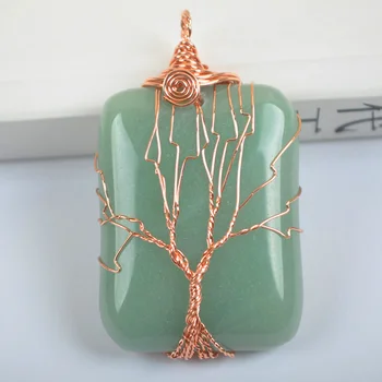 

Tree of Life Wire Wrap Rectangle Handmade Natural Stone Green Aventurine Pendant Bead 1Pcs K2039