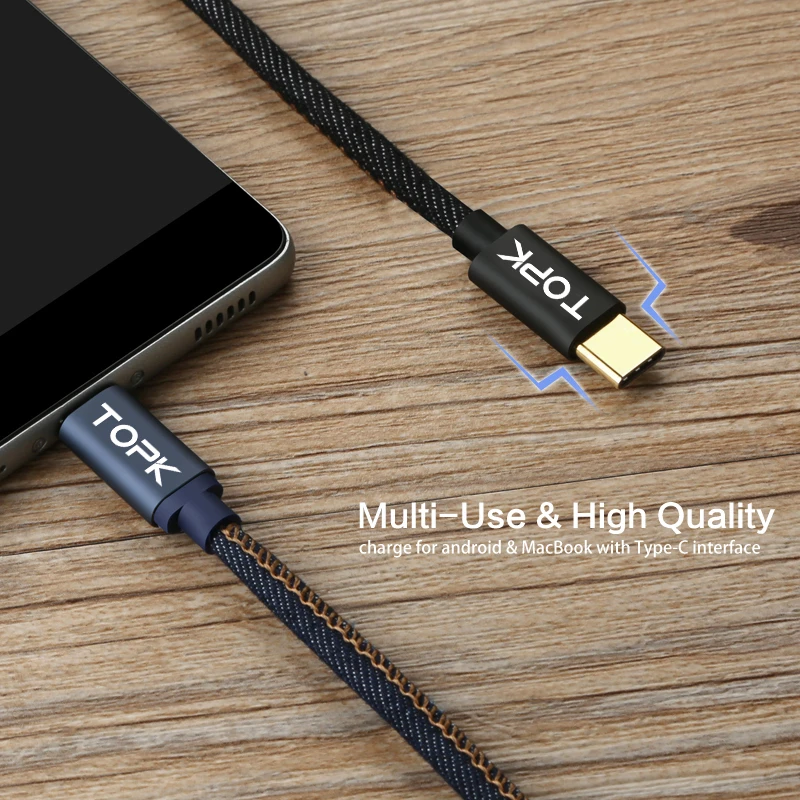Кабель type C Topk [1 2 м 1 8 м] джинсовый Плетеный USB позолоченный кабель для быстрой